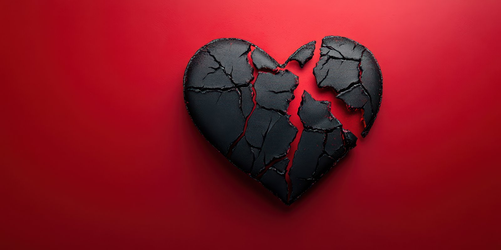 Cracked black heart symbolizing heartbreak against a vivid red background